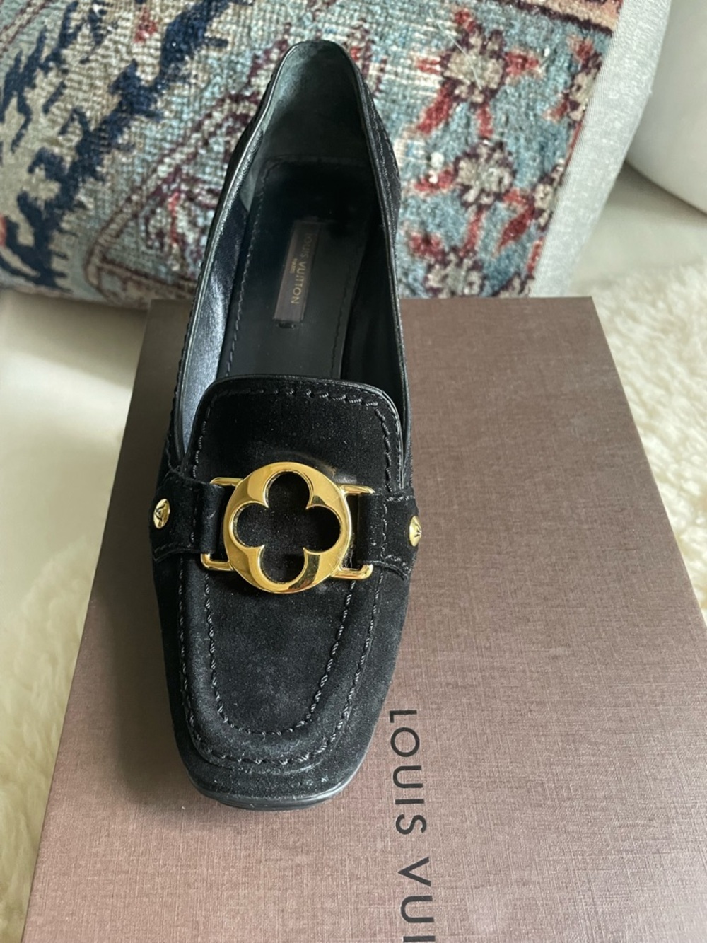 Louis Vuitton Black Suede Loafers with Gold Clover Emblem